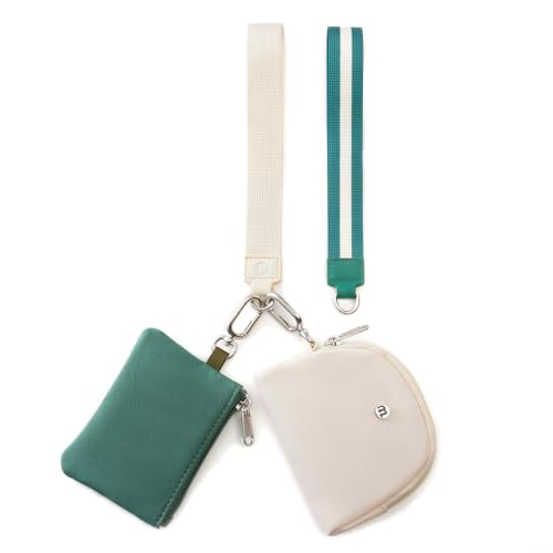 Mini Dual Pouch Wristlet Wallet for Women – Zip Around wristlet Keychain Wallet with 2 Wristlets, Ideal for Dog Walking, Coffee Runs & Lunch Break Essentials, Beige+Olive Green - color: Beige+Olive Green