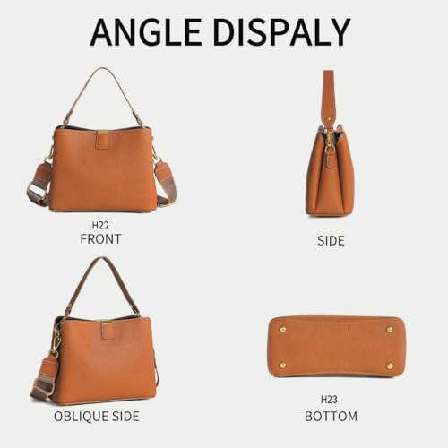 Leather Bucket Bag for Women, Soft Crossbody Top-handle Purse | Small Tote Handbag with 3 Style Detachable Straps, Spacious Daily Handbag for Work Outing Daily Use - color: Brown