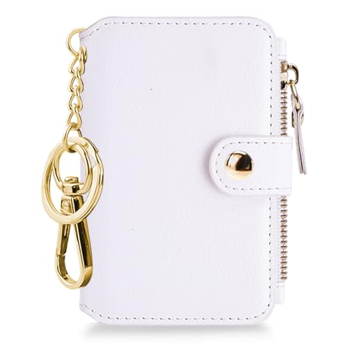 M-Plateau Off white Keychain Wallet, Wallet Women with Circle Coin Purse Keychain and Zipper Card Case,Trifold Leather wallet with ID Window Gift For Women (White) - color: White