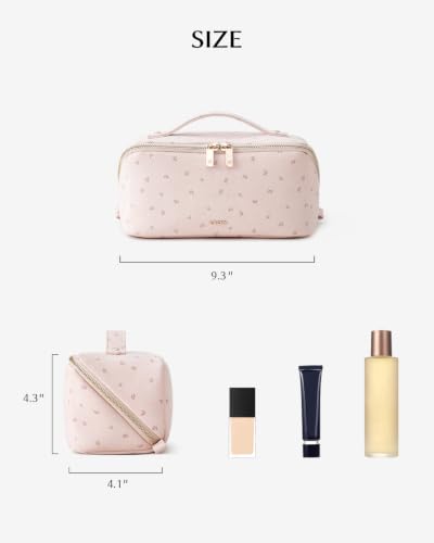 EACHY Makeup Bag, Soft Suede Floral Cosmetic Bag for Women, Portable 180° Wide-Open Flat Makeup Pouch, Large Capacity Travel Toiletry Bag with Divider and Handle - color: CC-Pink Suede, size: Medium