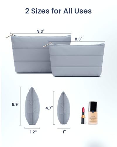 Wandering Nature Small Makeup Bag 2 Pack Cosmetic Bag for Purse, Puffer Quilted Makeup Pouch, Cute Travel Pouch with Zipper for Women, Gray Blue - color: Gray Blue