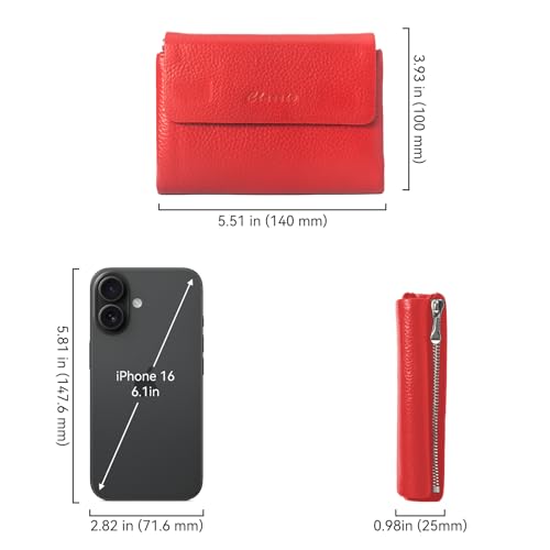 Women's Bifold Wallet, Genuine Leather, Magnetic, ID Window | Holds 10+ Cards, 2 Zip Coin Pockets, Pebbled Cowhide, Snap Closure, Large Capacity, Multiple Colors, Compact 5.5x3.9in - color: B-Red