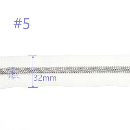 #5 Silver Metallic Nylon Coil Zipper 5 Yards White Tape 10pcs Silver Slider - color: White-silver