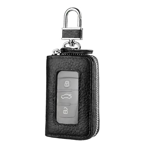 Car Key Fob Case, Remote Keys Storage Bag with Metal Hook & Transparent Window, Waterproof Leather Auto Key Fob Holder Keychain Zipper Bag for Women Men, Car Accessories (Black) - color: Black