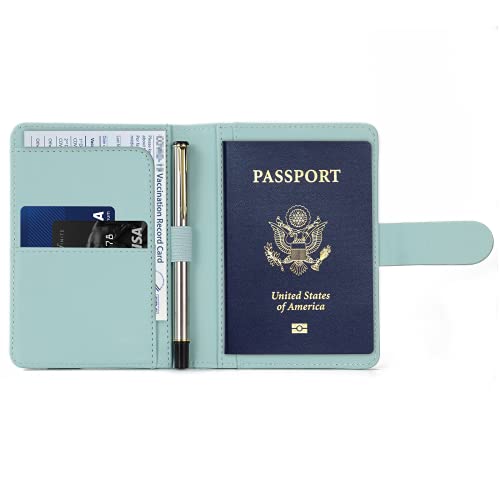 Melsbrinna Premium Leather Passport Holder Covers Case, Waterproof Rfid Blocking Travel Wallet Passport Holder with Pen Holder, Cute Passport Book for Women/Men - color: AD-Aqua green