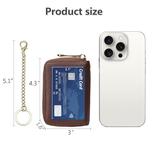 imeetu Rfid Credit Card Holder, Businese Card Case, Wallet for Women Men | Genuine Leather Card Wallet with id Window, Keychain & Double Zipper, Water-resistan Small Wallet with Gift Box, Daily Travel - color: Max - Brown