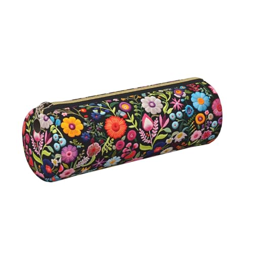 OSAM SPACE Leather Pencil Case Round Pencil Bag Embroidered Flowers Pen Organizer Holder Portable Zipper Pouch Cute School Supplies for Girls Boys Study Office - color: Embroidered Flowers