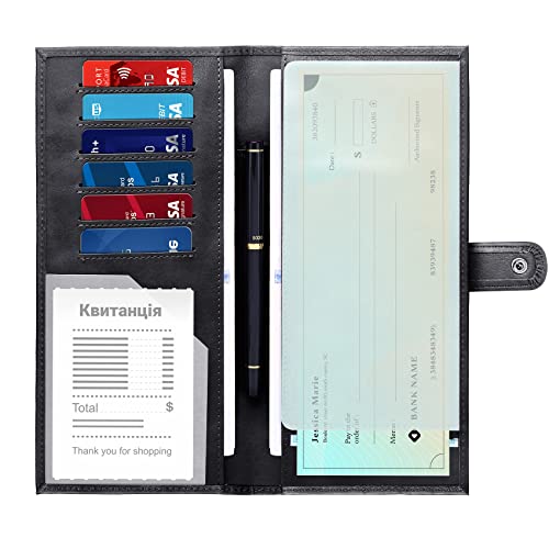 LLi Cufite Business Size and Travelers Check Large Checkbook Cover for Side & Top Tear Checks, Deposit Tickets, Companion Checks, Leather Check Book Cover with Duplicate Check Sleeve & Card Slots - color: Black