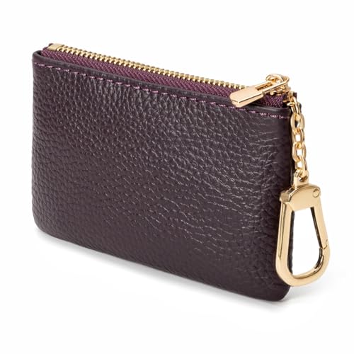 Full Grain Leather Coin Purse with Key Chain - Small Change Purse Keychain Card Holder Keychain Pouch Small Keychain Wallet for Women and Men (Eggplant Purple) - color: Eggplant Purple, Regular Size