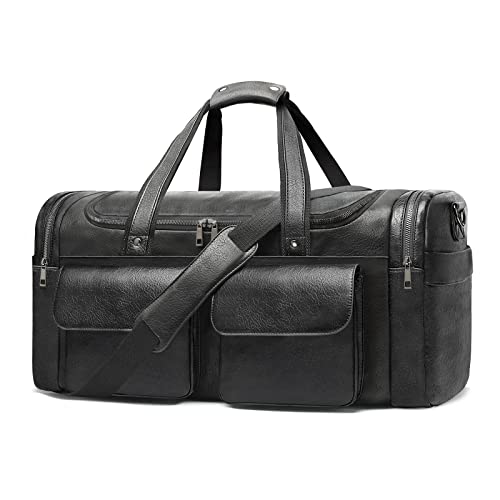 BOLOSTA Travel Duffel Bag for Men Women, Large PU Leather Carry on Duffle Bags for Traveling, Waterproof Overnight Weekender Duffel Bag with Shoe Compartment - Perfect for Daily Use/Birthday Gift - color: Black