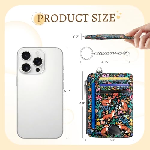 Kelvoris Credit Card Holder Small Wallet Women, Slim RFID, Fox Flowers | Keychain, Zipper Coin Pocket, Front Pocket Thin Travel Card Case, Minimalist, 6 Card Slots, 1 ID Window, Ladies Gifts Woman - color: Fox