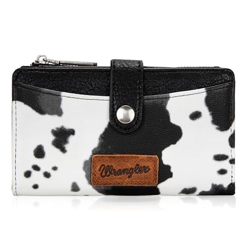 Wrangler Wallet for Women Bifold Card Holder with Zipper and ID Window - color: Cow Print - Black