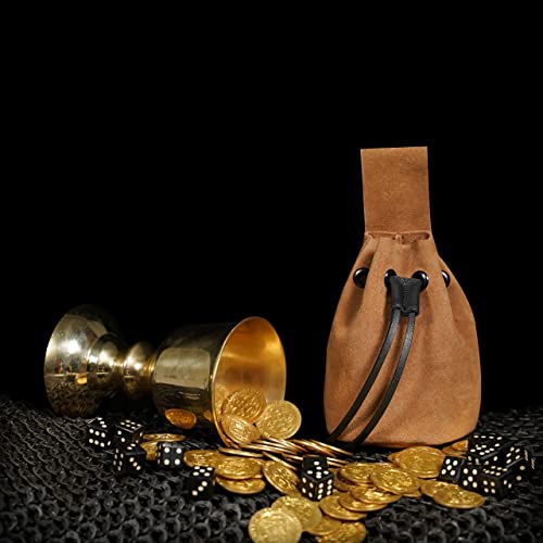 Drawstring Belt Bag Renaissance Costume Accessories Medieval Suede Leather Purse Viking Coin Jewelry Pouch Waist Bag for LARP, Festivals, Renfaire, Reenactments Brown- 5" x 6" - style: Tortilla Brown- 5" X 6"
