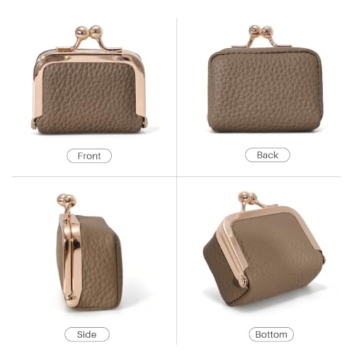 Genuine Leather Mini Jewelry Box Coin Purse for Women,Solid Color Kiss Lock Jewelry Case Organizer,Mini Travel Ring Box - color: Khaki