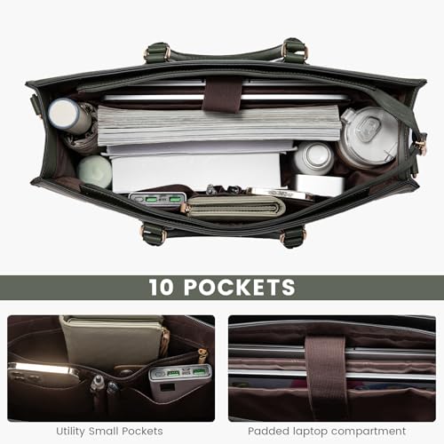 LOVEVOOK Laptop Bag for Women,15.6 lnch Waterproof Lightweight Leather Tote Bag,Professional Business Office Work Bags with Clutch Purse,Large Capacity Computer Shoulder Handbag,Army-Grey-White - color: Army Green - Grass Grey Green - Beige White(leather)
