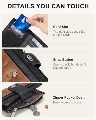 BOSTANTEN Small Wallet for Women RFID Blocking Leather Compact Card Holder | Zipper Coin Pocket, Bifold, Minimalist, Fits Small Purses, Travel, Quilted, Perfect Gifts, Black＆Brown - color: Black＆Brown