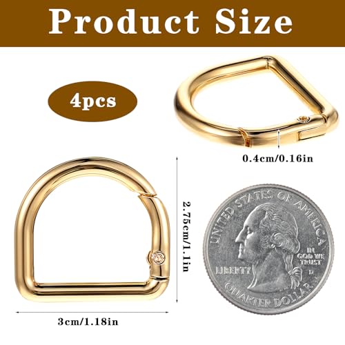 4Pcs D Ring Spring Key Hooks Gold Metal Keyring Clip 1.18 Inch | Spring Ring Buckles Clasp for Belt Backpack Bag Handbag Purse Strap Small Keychain Clip Key Hooks