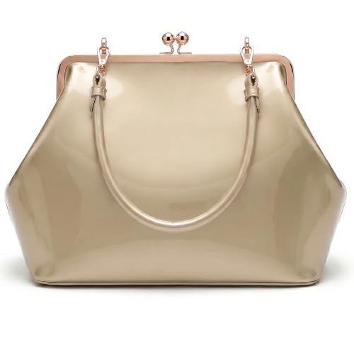 Kiss Lock Frame Handbag, PU Leather Shoulder Tote Bag Messenger Hobo Clutch Purse for Women Formal Work Leisure - color: Bright Gold