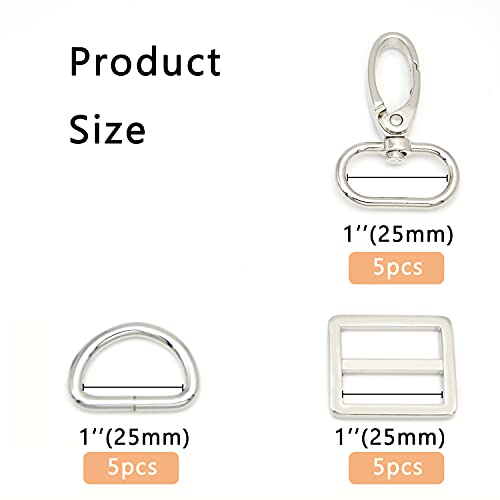 15Pcs Metal Swivel Snaps Hooks with D Rings and Tri-Glides Slide Buckles for Key Lanyard Purse Bag Straps Dog Collars DIY Sewing Hardware Craft (1 inch,Silver) - color: Silver, size: 1 inch