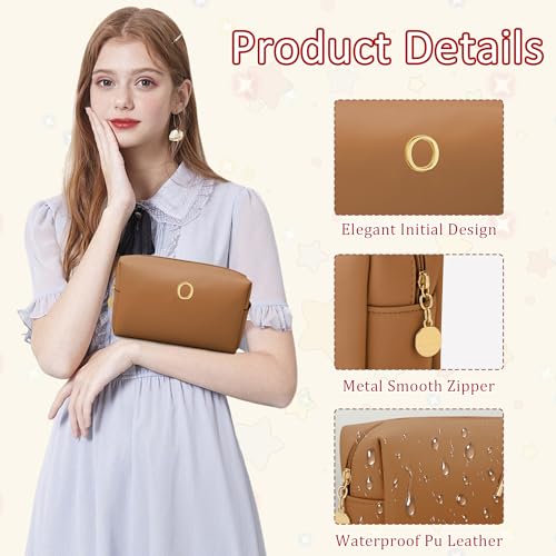 Gifts for Women Bridesmaid Gifts Initial Makeup Bag | Personalized Birthday Gift | PU Leather Cosmetic Pouch Bag | Waterproof Travel Toiletry Bag (Brown O) - color: Brown, style: O