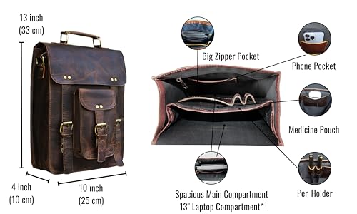 Genuine Leather Messenger Bag Vintage Laptop Crossbody Bag Satchel Man Purse Shoulder Bag for man woman office bag - style: 13 Inches Dark Brown