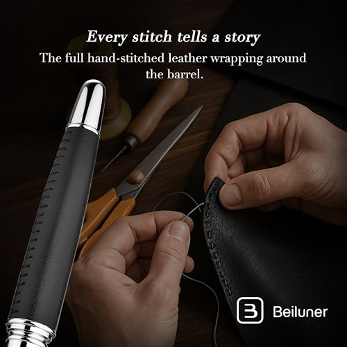 BEILUNER 318 Luxury Leather Pen, Hand-Stitched Premium Leather, Chrome-Plated Finish, Smooth Black Ink Refill, Best Rollerball Pen Gift for Men & Women, Refillable, Executive Writing, Nice Pens - color: Black