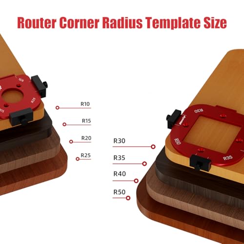 Router Corner Radius Template with 2 Trim Bit Aluminum Alloy Radius Jig Router Templates for Woodworking Router Corner Jig R10/R15/R20/R25/R30/R35/R40/R50 Use with Router Table - color: Red & 2 Trim Bit