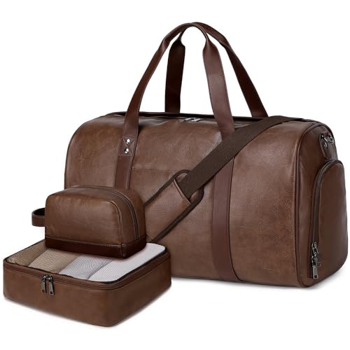 3PCS Faux Leather Weekender Bag for Women Men Travel Bag Overnight Bags | Leather Travel Duffel Bags for Traveling with Shoe Compartment Toiletry Packing Cube Carry On Tote Bag Men Fit 21.5" Laptop - color: Coffee