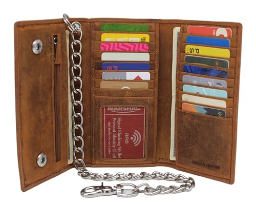 RFID Blocking Mens Tri-fold Long Style Crazy Horse Leather Steel Chain Wallet, (Skull Tan) - color: Skull Tan
