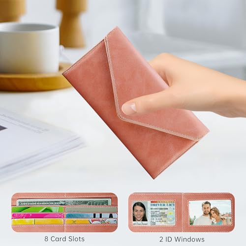 Women's Card Wallet Envelope Style Credit Card Holder, RFID Blocking, Vegan Leather, Coin Pocket, 2 ID Windows, Bean Pink - color: Bean Pink