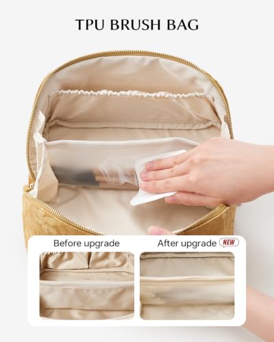 EACHY Makeup Bag, Waterproof PU Leather Travel Toiletry Bag for Women, 180° Wide-Open Flat Cosmetic Bag, Large Capacity Makeup Pouch with Divider and Handle - color: CF-Yellow Print, size: Medium