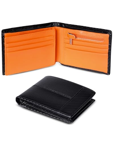 Swallowmall Wallet for Men RFID Blocking Genuine Leather Mens Wallets Bifold with 1 ID Window 15 Card Slots black stripe orange - color: black stripe orange