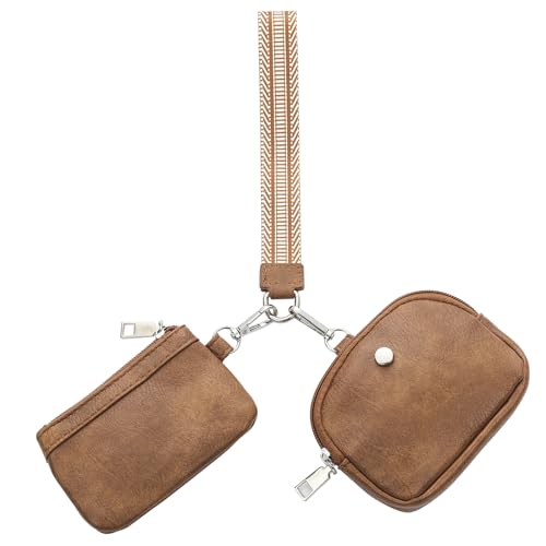 KUKOO Wristlet Wallets for Women, Zip Around Coin Purse Detachable Dual Pouch Keychain Wallet - color: Brown