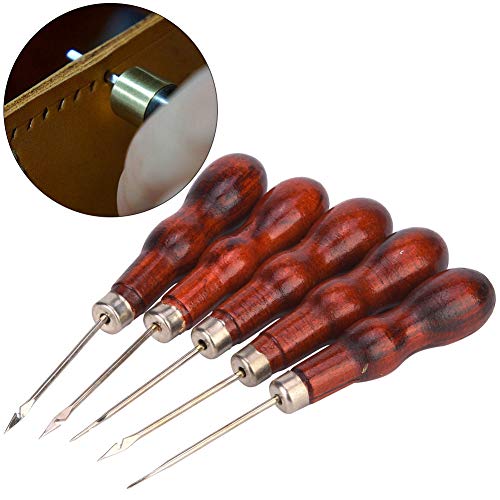 5PCS Wooden Handle Awl Hole Punch Sewing Stitching Awl Tool Shoe Repair Crochet Hook, Leather Scratch Awl for Punch Stitching Sewing DIY Hand-Made Leather Craft Repair Tools