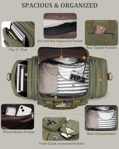 Gonex Duffle Bag for Travel, Expandable 50L Overnight Weekender Gym Bag | Water-Resistant Canvas, Wet-Dry Pocket, Luggage Sleeve, Carry-On Size, Detachable Strap, Army Green - color: Army Green, size: Large-50L