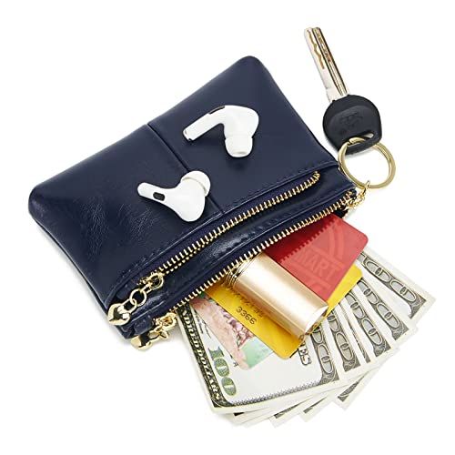 Women PU Leather Zip Mini Coin Purse With Key Ring Triple Zipper Card Holder Wallet (Navy) - color: Navy