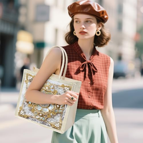 Xylzzuit DIY Pearl Painting Canvas Tote Bag Kit 11.42IN Diamond Art Handbag for Women Shopping Grocery Bag Dots Beads Art Craft Gift (Flower02) - color: Flower02