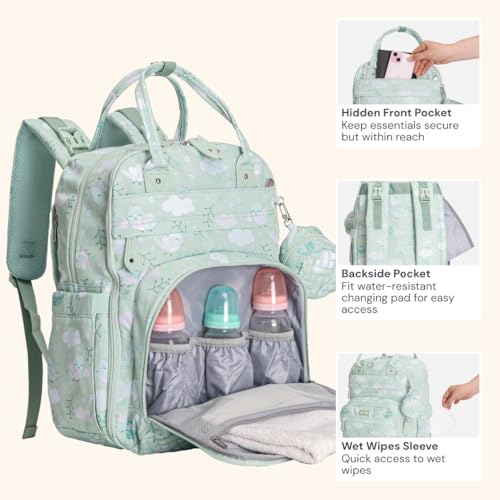 BabbleRoo Diaper Bag Backpack - Baby Essentials Travel Tote - Multi Function Water Resistant Diaper Bag, Travel Essentials Baby Bag with Changing Pad, Stroller Straps & Pacifier Case - Green Birdy - color: Green Birdy, size: Large