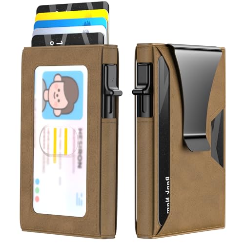 Wallet for Men Slim Minimalist Pop-up Smart Holds 5-6 Cards - RFID Blocking Metal with Money Clip, Credit Card Holder & ID Window, men accessories (Single fold brown) - color: Single fold brown