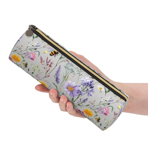 OSAM SPACE Leather Pencil Case Round Pencil Bag Flowers Plant Butterfly Bees Pen Organizer Holder Portable Zipper Pouch Cute School Supplies for Girls Boys Study Office - color: Flowers Plant Butterfly Bees