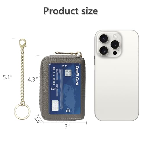 imeetu Rfid Credit Card Holder, Businese Card Case, Wallet for Women Men | Genuine Leather Card Wallet with id Window, Keychain & Double Zipper, Water-resistan Small Wallet with Gift Box, Daily Travel - color: Max - Grey