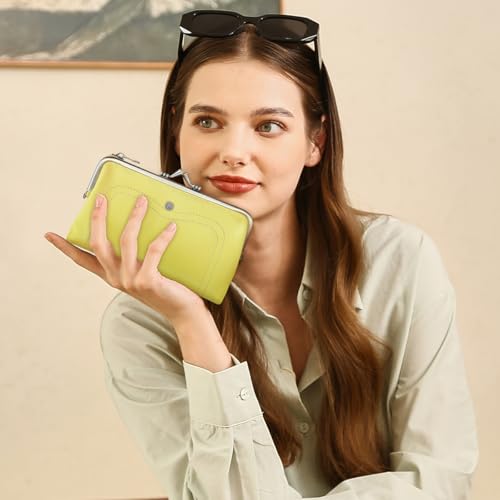 CONTACTS Full Grain Goat Leather Kiss Lock Wallet for Women Vintage Clutch Wallet with Rfid Blocking Zipper Coin Purse (Yellow) - color: Yellow