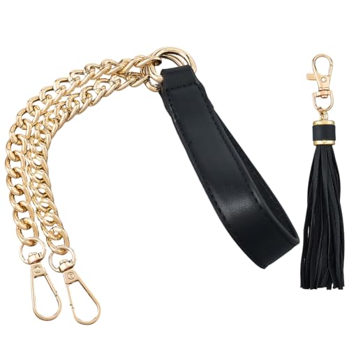 PU Leather Purse Chain Strap with Tassel Pendant 24 Inch Microfiber Leather Bag Chain Replacement Flat Handbag Handle for Women Shoulder Crossbody Bag Handbag DIY Crafts(Black Gold) - color: Black;gold