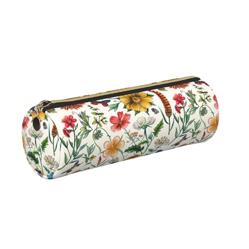 OSAM SPACE Leather Pencil Case Round Pencil Bag Flowers Dragonflies Butterfly Pen Organizer Holder Portable Zipper Pouch Cute School Supplies for Girls Boys Study Office - color: Flowers Dragonflies Butterfly