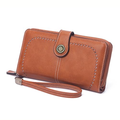 Women Leather Wallet Crossbody Shoulder Bag with Double Zipper and Mobile Phone Purse with Shoulder Strap - color: 665-brown