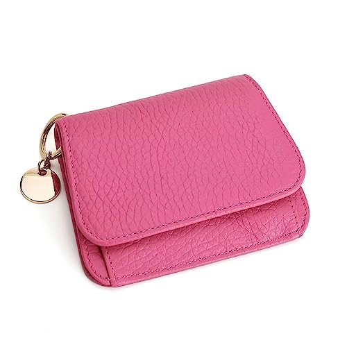 Mudono Small Wallet for Women RFID Blocking Genuine Leather Card Case Slim Tri-Fold Wallet with Zipper Pocket and Keychain - color: Dark Pink