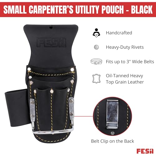 FESA Tool Belt Hammer Holder - Leather Multitool, Pliers & Hammer Holster with Pockets for Drill Bits or Markers - Heavy Duty Small Tool Pouch for Carpenters - Clip On Any Belt - Handcrafted - color: Black