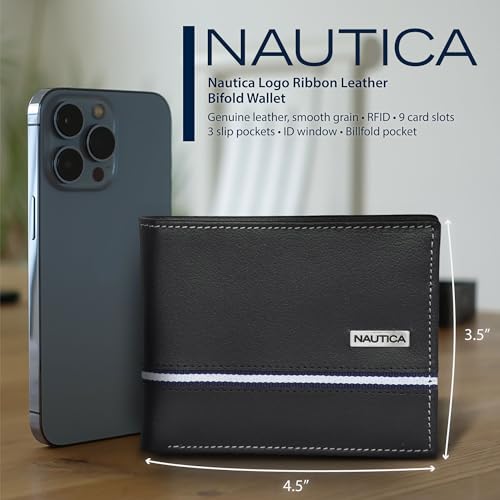 Nautica Men's Bifold Leather Wallet | RFID Blocking | ID Window | Card Slots | Organization | Durable | Stylish - color: Logo Ribbon - Black