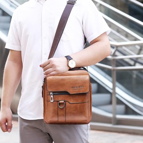 Messenger Bag for Men Crossbody Shoulder Purse Small Vintage PU Leather Satchel Pouch Side Crossover Handbag - color: Men Messenger Bag for Brown