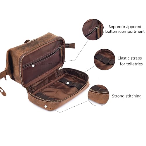 LEATHER VILLAGE Leather Toiletry Bag for Men, Travel Dopp Kit Shaving Bag | Full grain buffalo leather, two zip compartments, 9.6x5.5x5.1 in, YKK zippers, water-resistant lining, shaving kit- Brown - color: Rustic Brown